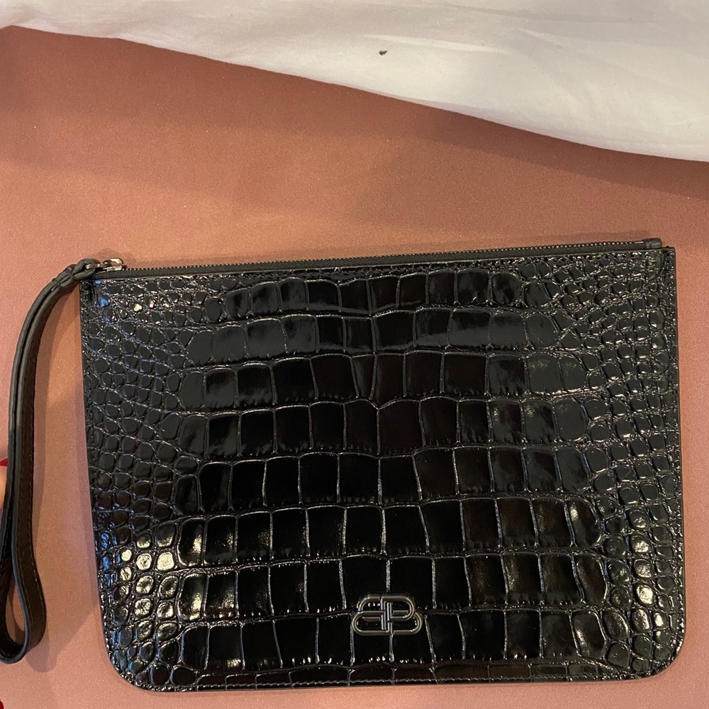 Balenciaga womens black croc wristlet clutch